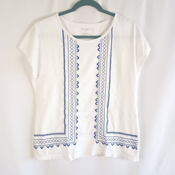 Talbots Embroidered Boho Blouse Top White Blue Cotton Short Sleeve Women’s S - Picture 2 of 6